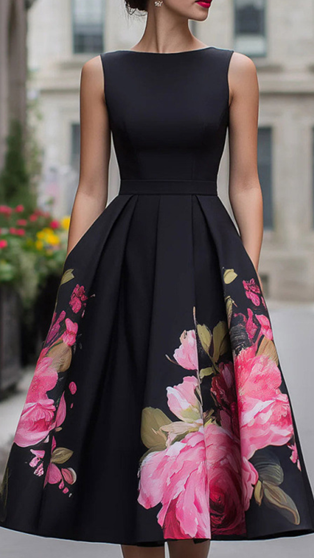 Women's Cotton-blend Black Art Floral Print Sleeveless Waist-cinched Flared Midi Dress