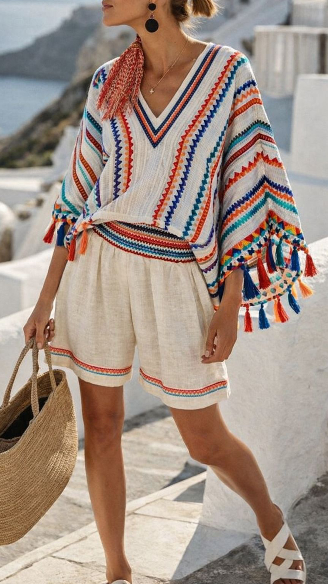 Women's Cotton‑blend Off‑ Striped V‑Neck Batwing Sleeve Waist‑cinched Shorts Set