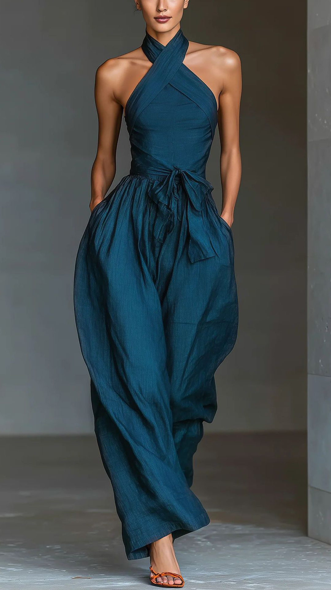Women's Cotton‑blend Peacock Blue Crisscross Halter Waist‑cinched Wide‑Leg Jumpsuit