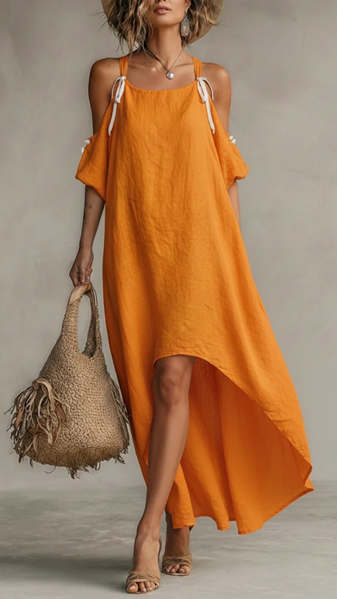 Women's Cotton‑blend Warm Orange Tie‑Strap Cold‑Shoulder Irregular‑Hem Midi Dress