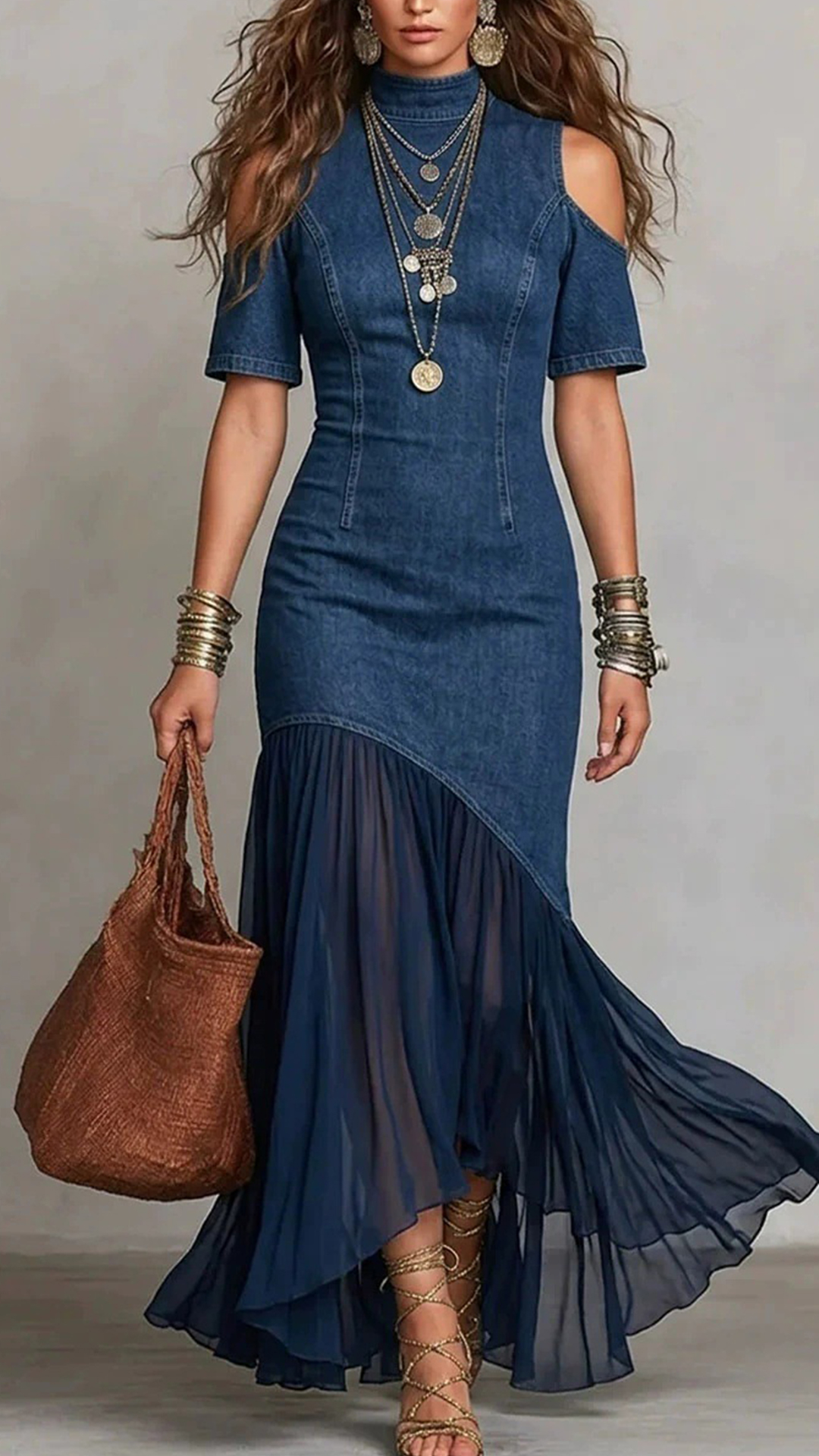 Women's Cotton-blend Imitation Denim Spliced Cold‑shoulder Short‑sleeve Waist‑cinched Irregular Maxi Dress