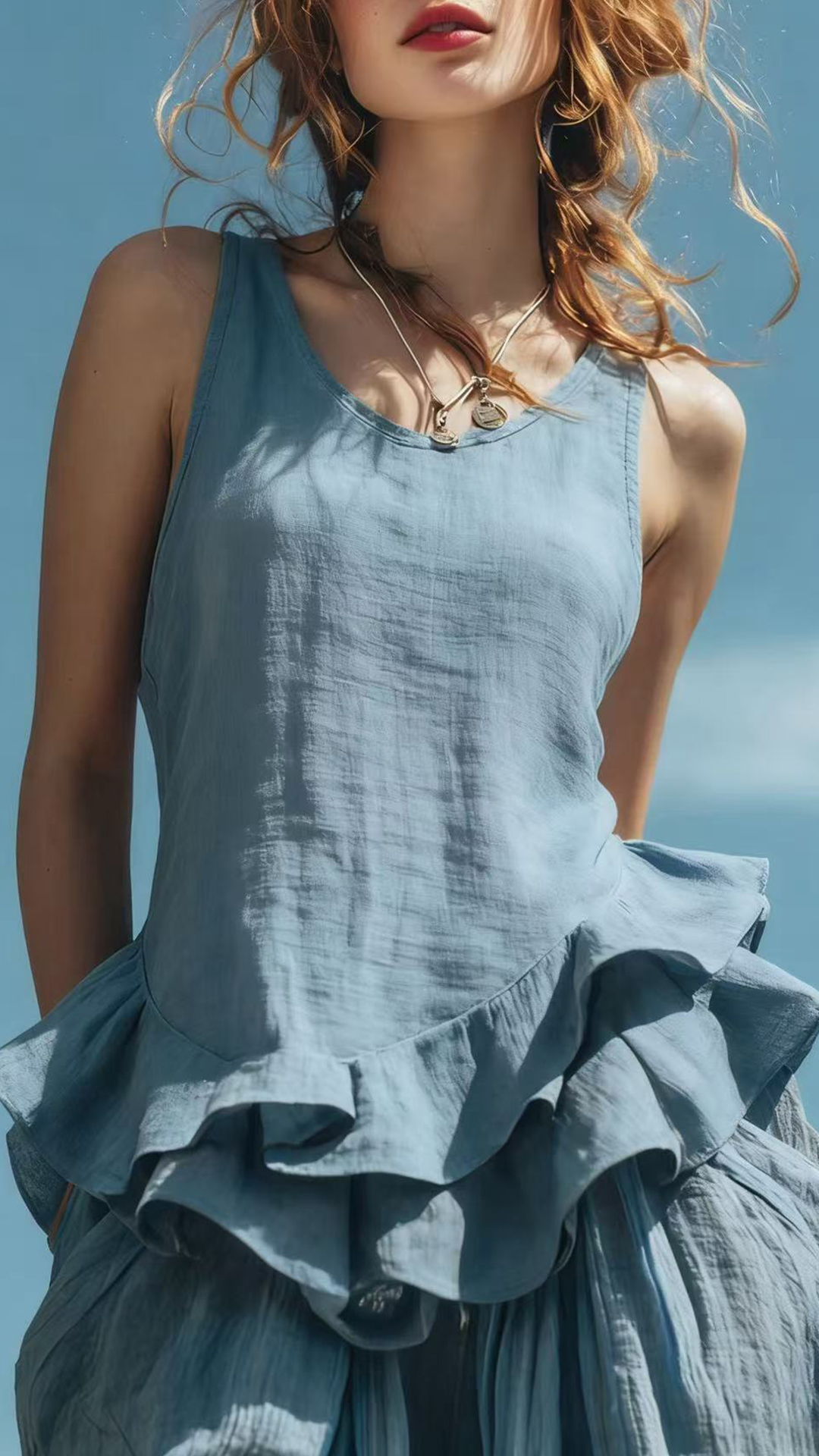 Women's Cotton‑blend U‑neck Sleeveless Ruffle Waist‑cinched Top