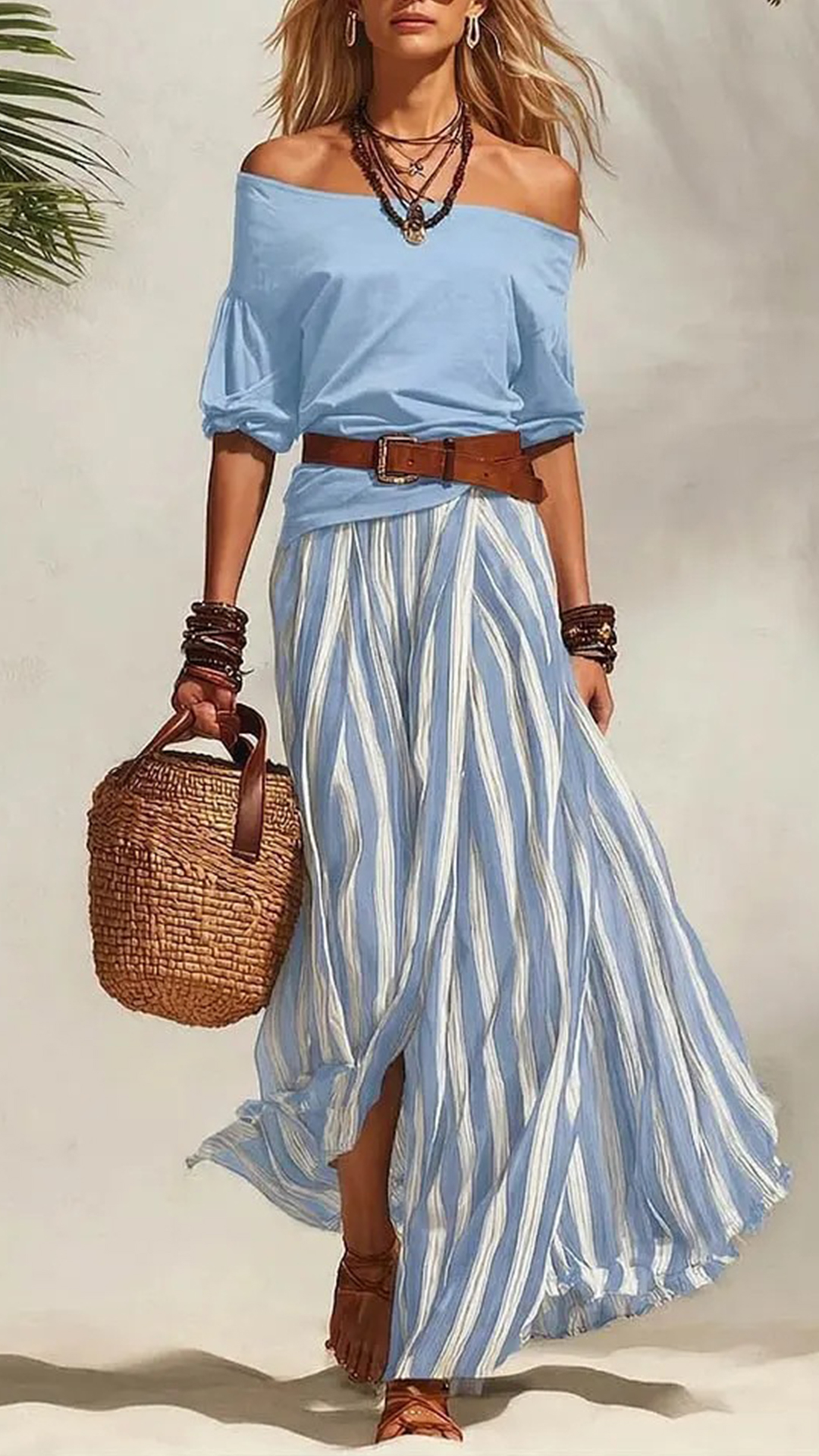 Women's Cotton‑blend Off‑the‑shoulder Mid‑sleeve Top & Blue‑white Striped Slit Maxi Skirt Set