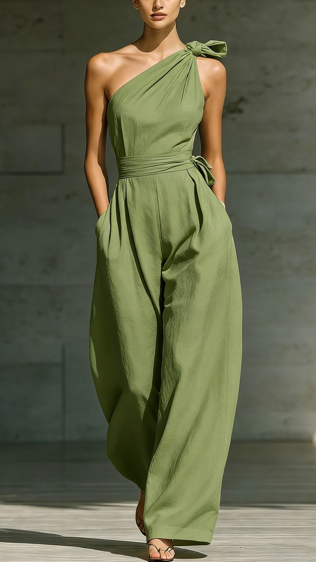 Women's Cotton‑blend  One‑shoulder Bow‑decorated Tie‑waist Wide‑leg Jumpsuit
