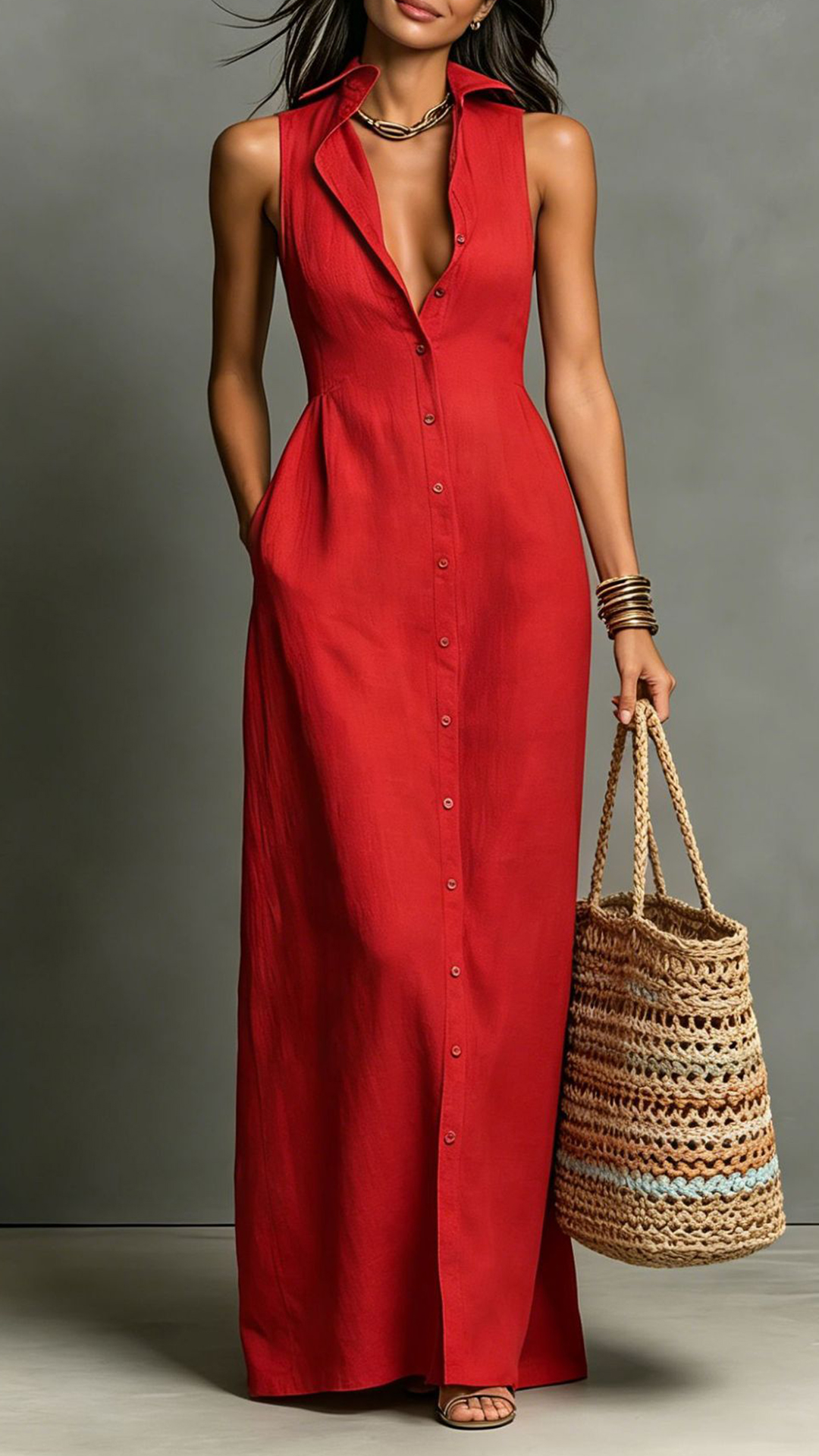 Women's Cotton‑blend Collared Sleeveless Single‑breasted Waist‑cinched Maxi Dress