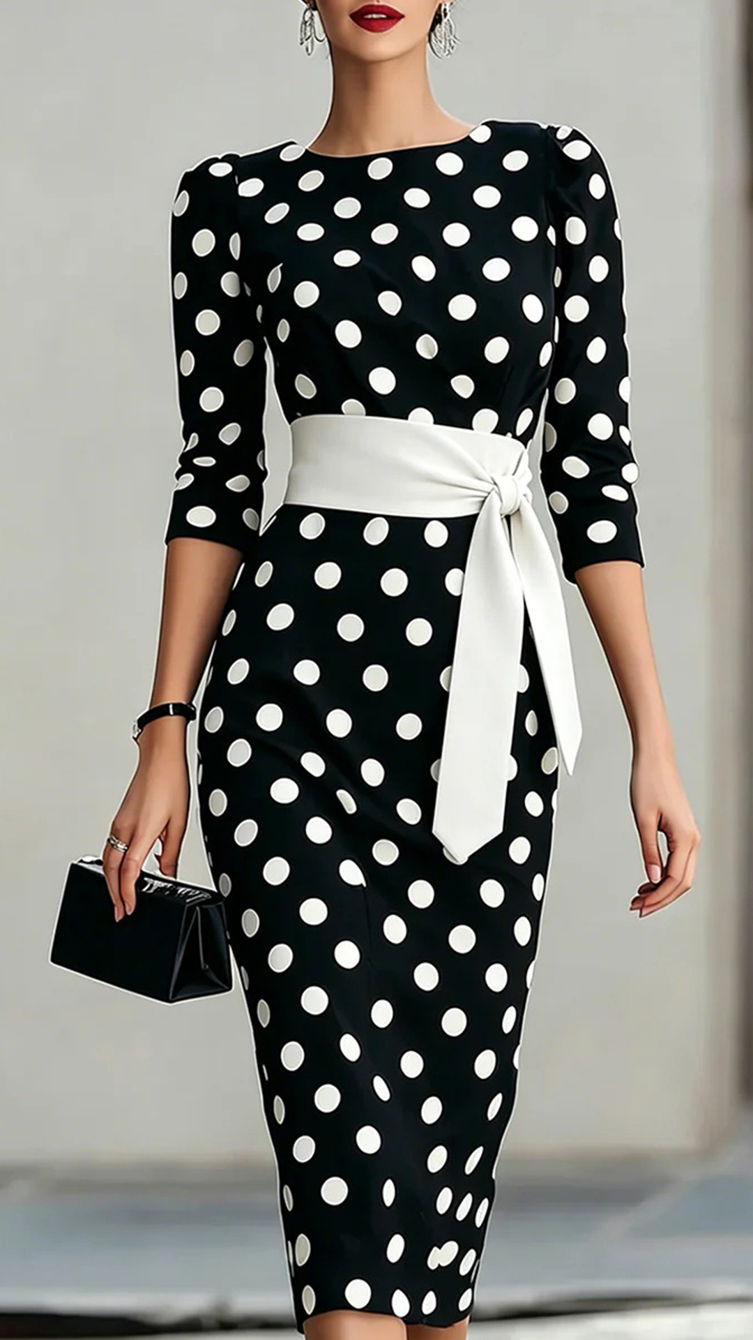 Women's Cotton‑blend Black‑white Polka‑dot Boat‑neck Mid‑sleeve Tie‑waist Bodycon Midi Dress