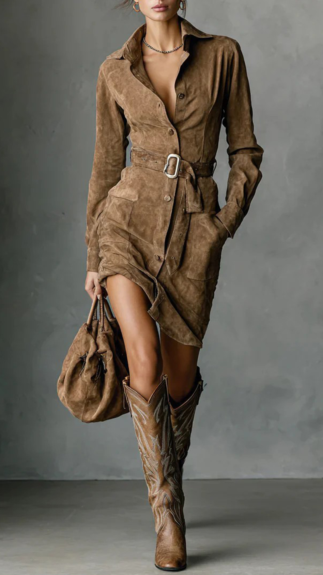 Women's Cotton‑blend Lapel Long‑sleeve Waist‑belted Irregular Mini Dress