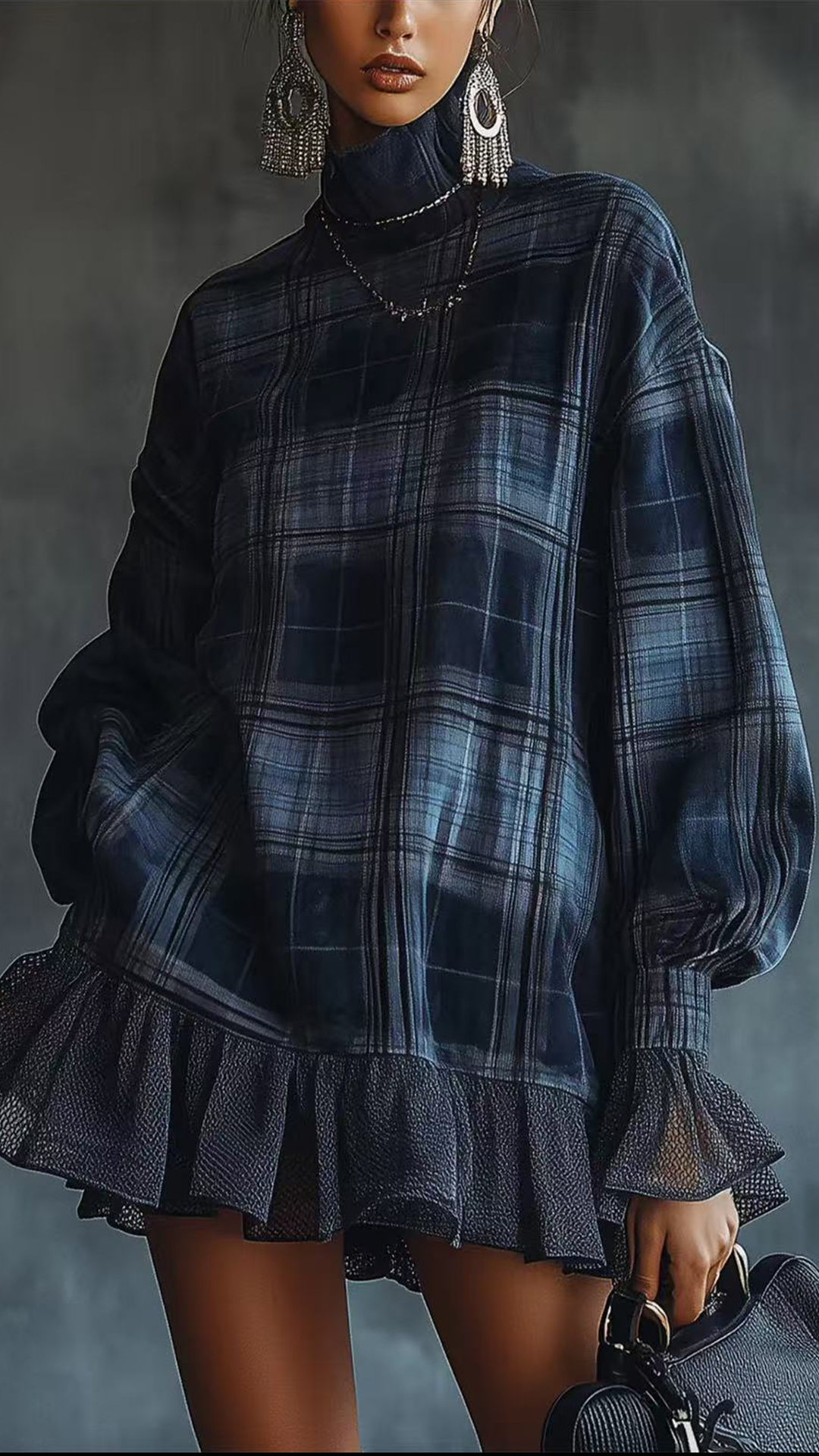 Women's Cotton‑blend Plaid Turtleneck Lantern‑sleeve Ruffled Loose Mini Dress