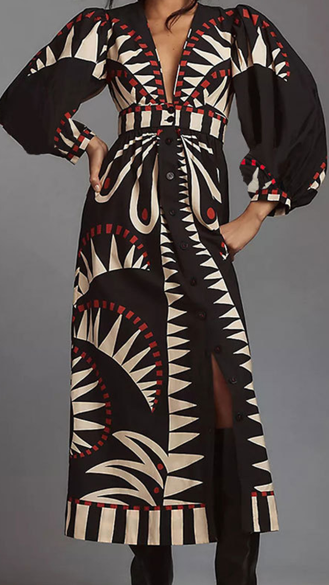 Women's Cotton‑blend Black‑base Geometric‑print V‑neck Puff‑sleeve Waist‑cinched Slit Midi Dress