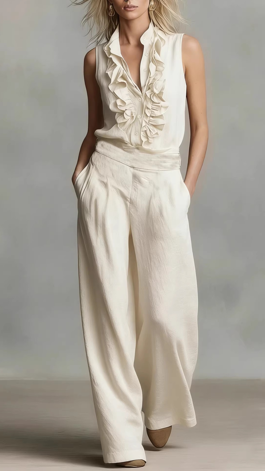 Women's Simple Linen-Blend Sleeveless Shirt and Wide-Leg Pants Set