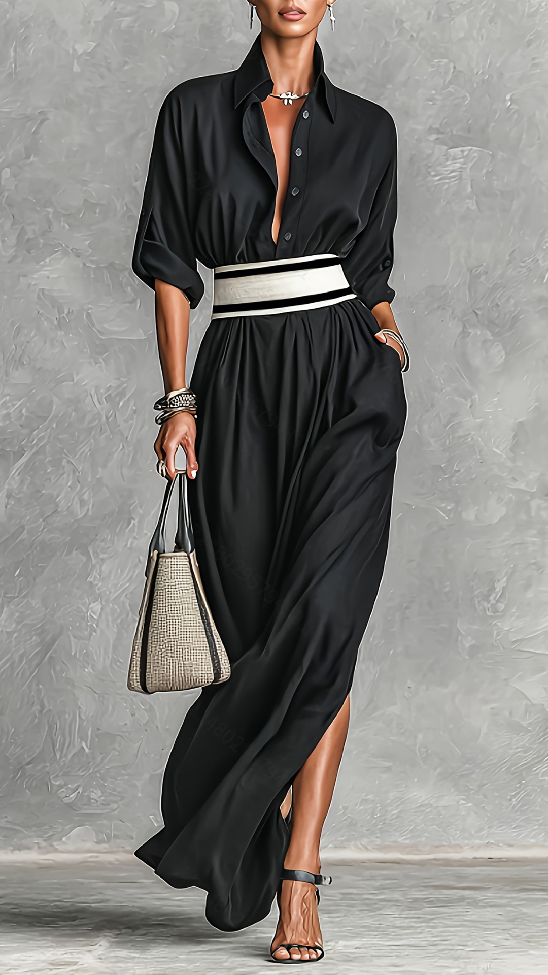 Women's Cotton‑blend Black Lapel Shirt‑style Slit Loose Maxi Dress