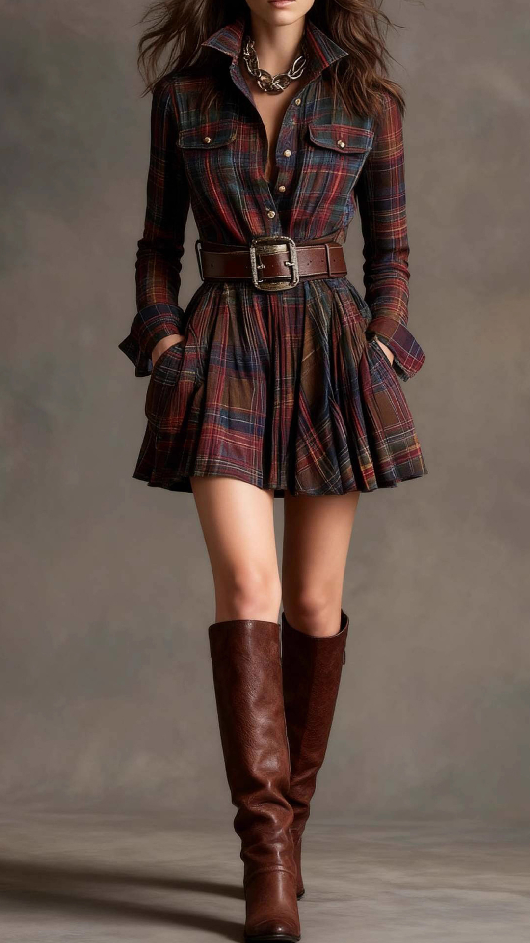 Women's Cotton‑blend Plaid Long‑sleeve Lapel Belted Pleated Mini Dress