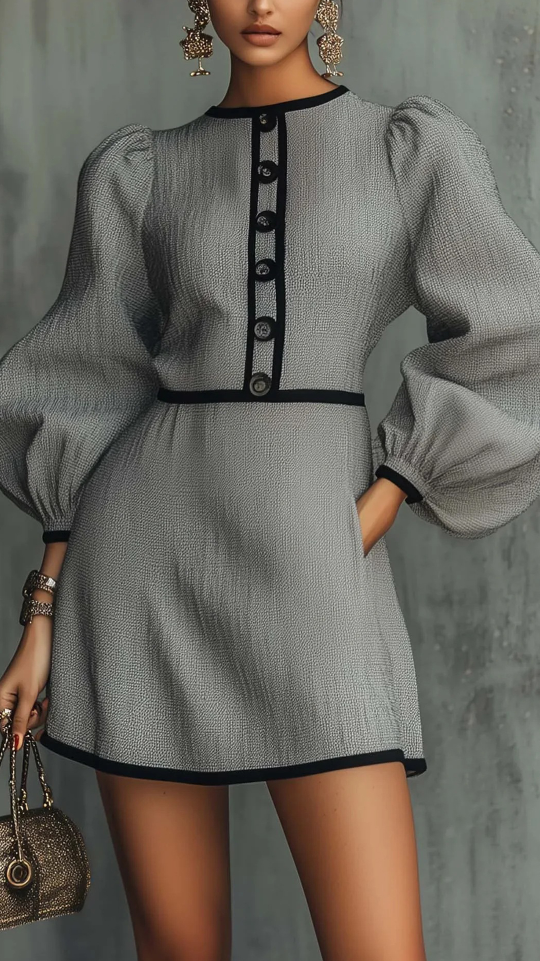 Women's Cotton‑blend Gray Black‑trimmed Puff‑sleeve Button‑decorated Mini Dress