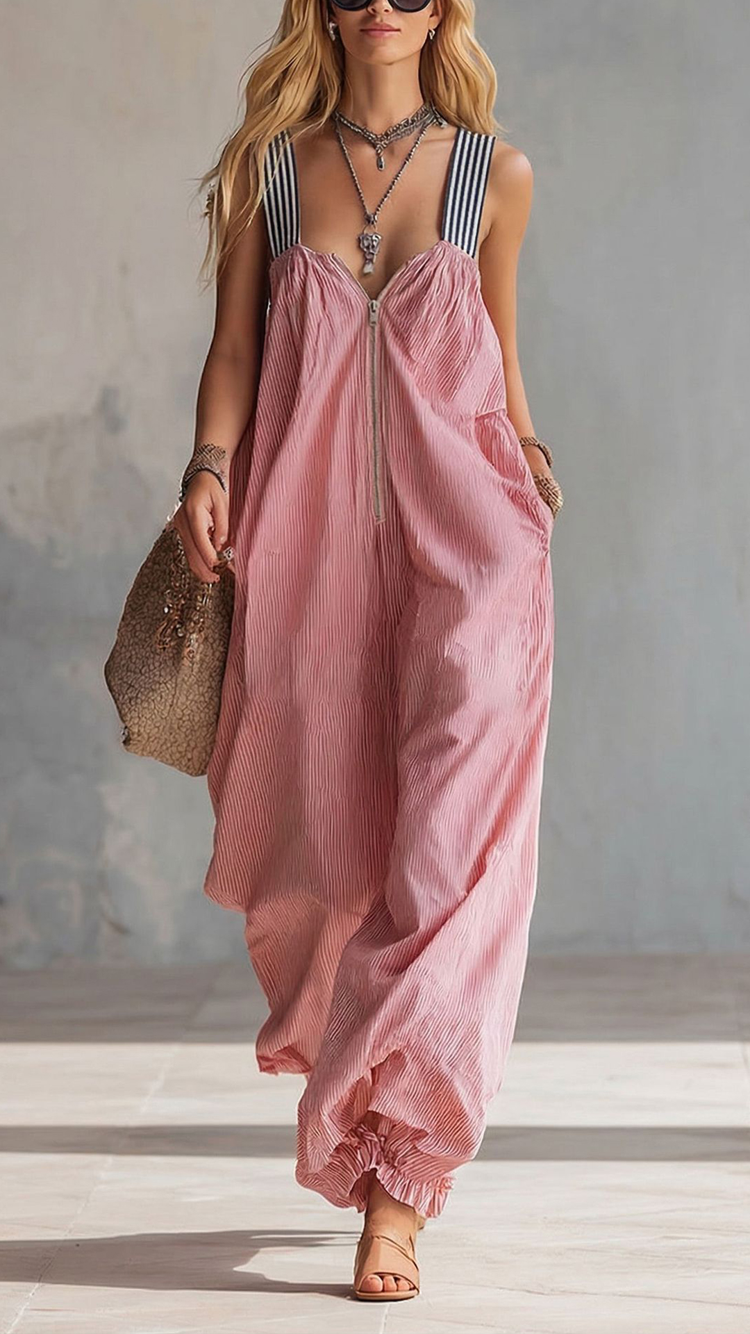 Women's Cotton‑blend Pink Fine‑striped Contrast‑strap Zip‑up Loose Jumpsuit