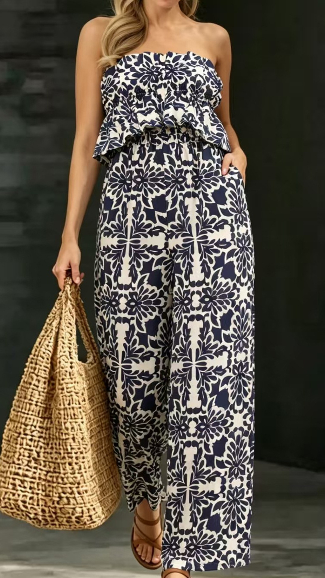 Women's Cotton‑blend Navy‑blue Floral‑print Strapless Ruffled Wide‑leg Jumpsuit