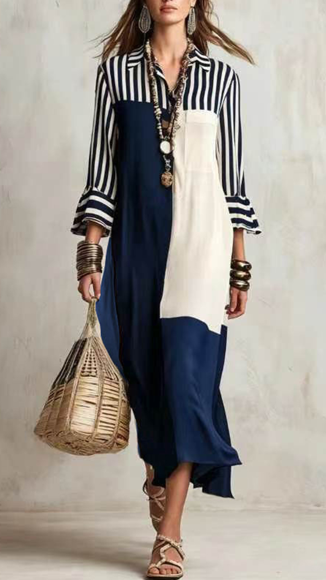 Women's Navy & Off-white Striped Collared Color-block Long Sleeve Dress