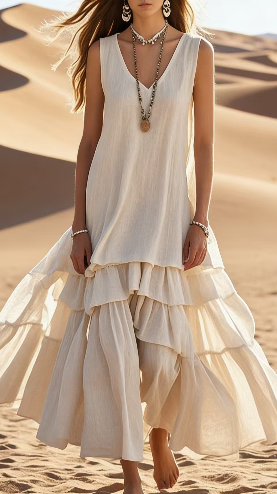 Women's Loose-Fit Sleeveless Cotton-Linen Dress with Wide Flared Hem