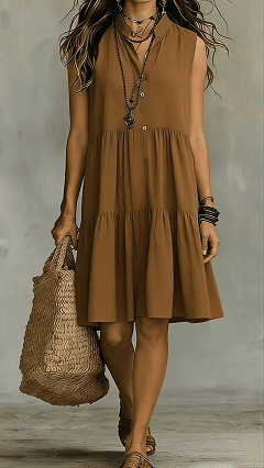 Bohemian-Style Solid-Color Sleeveless Maxi Dress with Shirt Collar