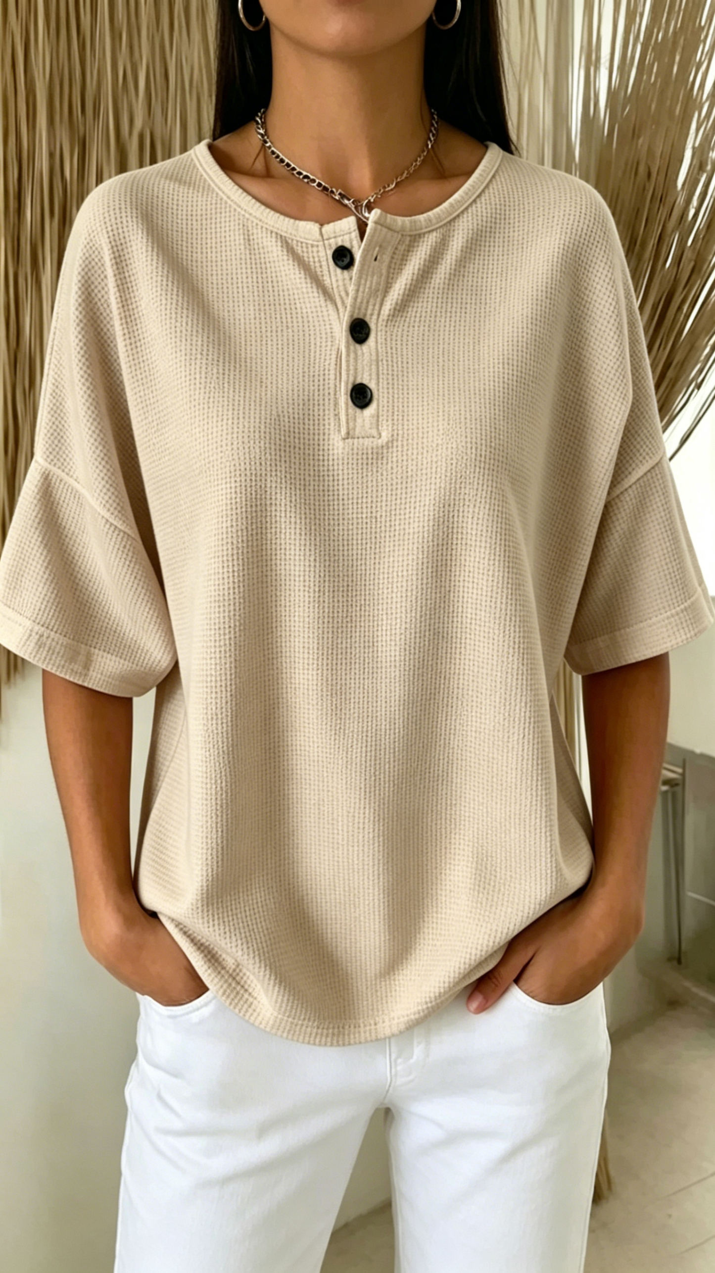 Women's Solid-Color Waffle-Knit Top with Round Neck and Front Placket