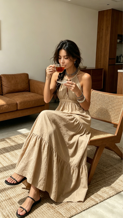 Women's Khaki Halter Waisted Tiered Maxi Dress