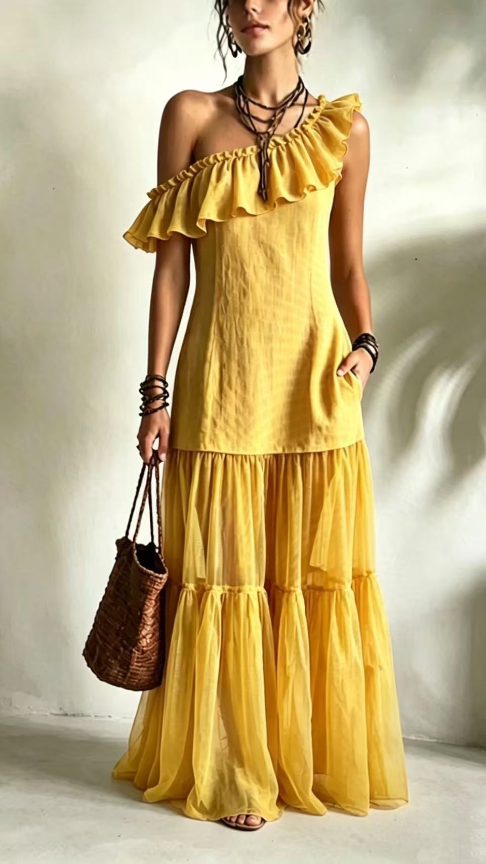 Women's Sleeveless Asymmetrical-Neck Dress with Ruffle Splicing