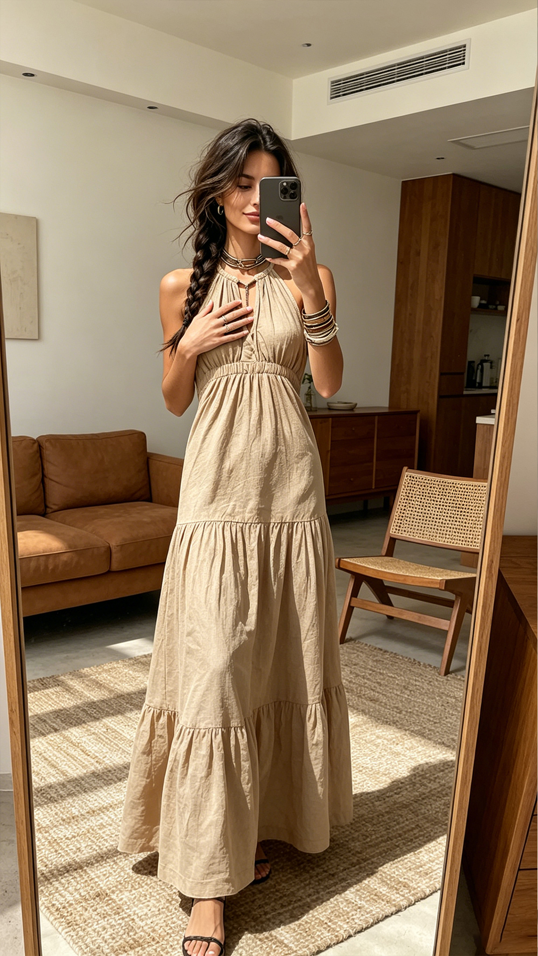 Women's Khaki Halter Waisted Tiered Maxi Dress