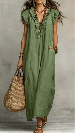 Women's Solid Color Ruffled Art Casual Fashion Cozy Cotton Linen Dress