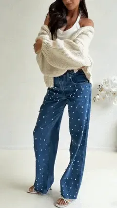 Women's casual washed denim trousers with bead embellishments