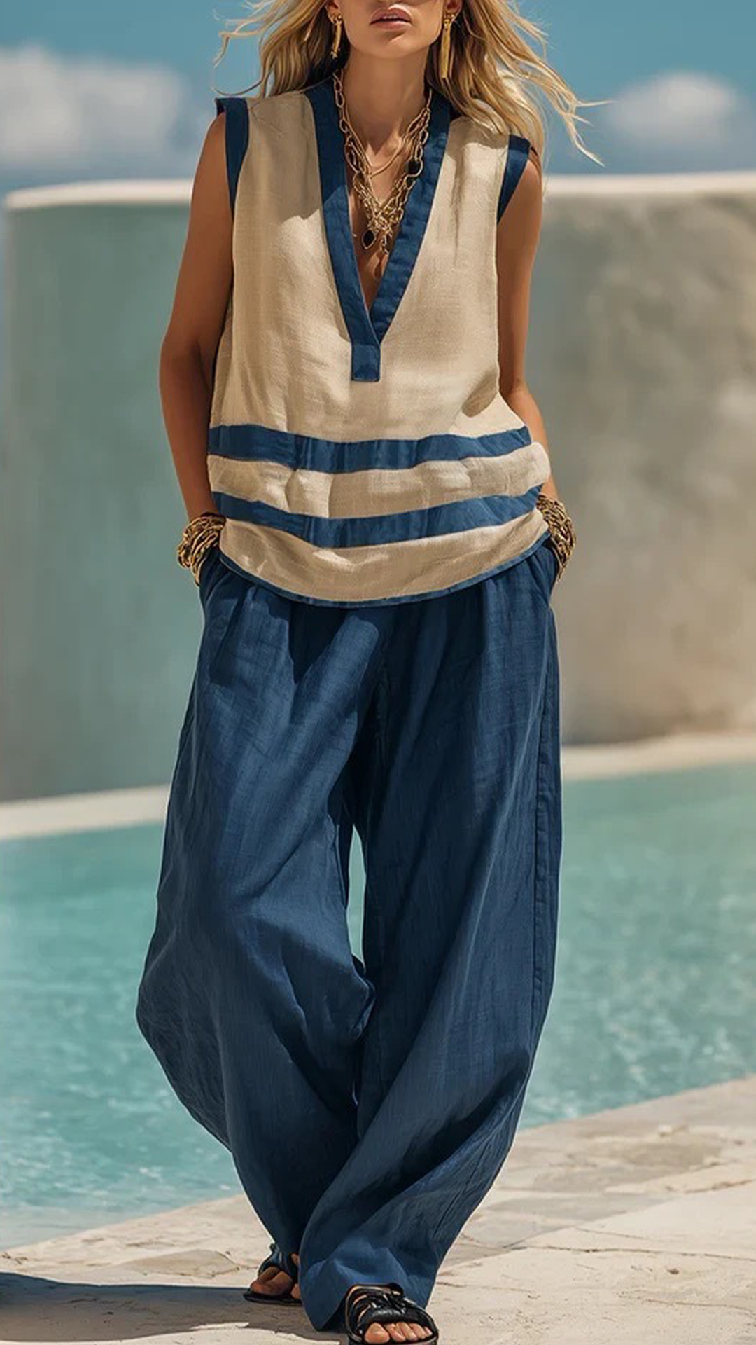 Women's Wrap-Waist Cotton-Blend Two-Piece Set