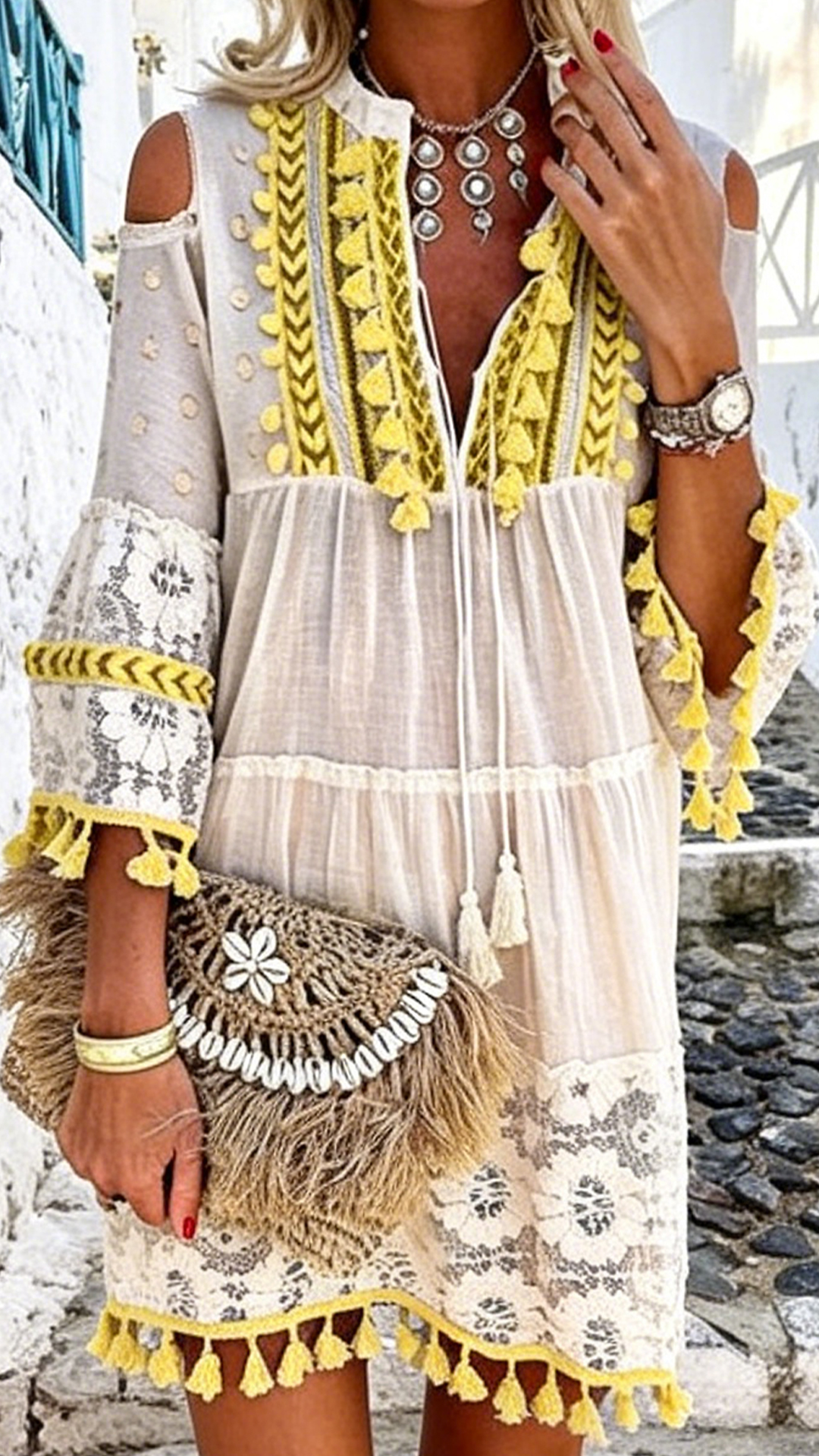 Women's Hollow Out Crochet V-Neck Loose Polyester Mini Dress