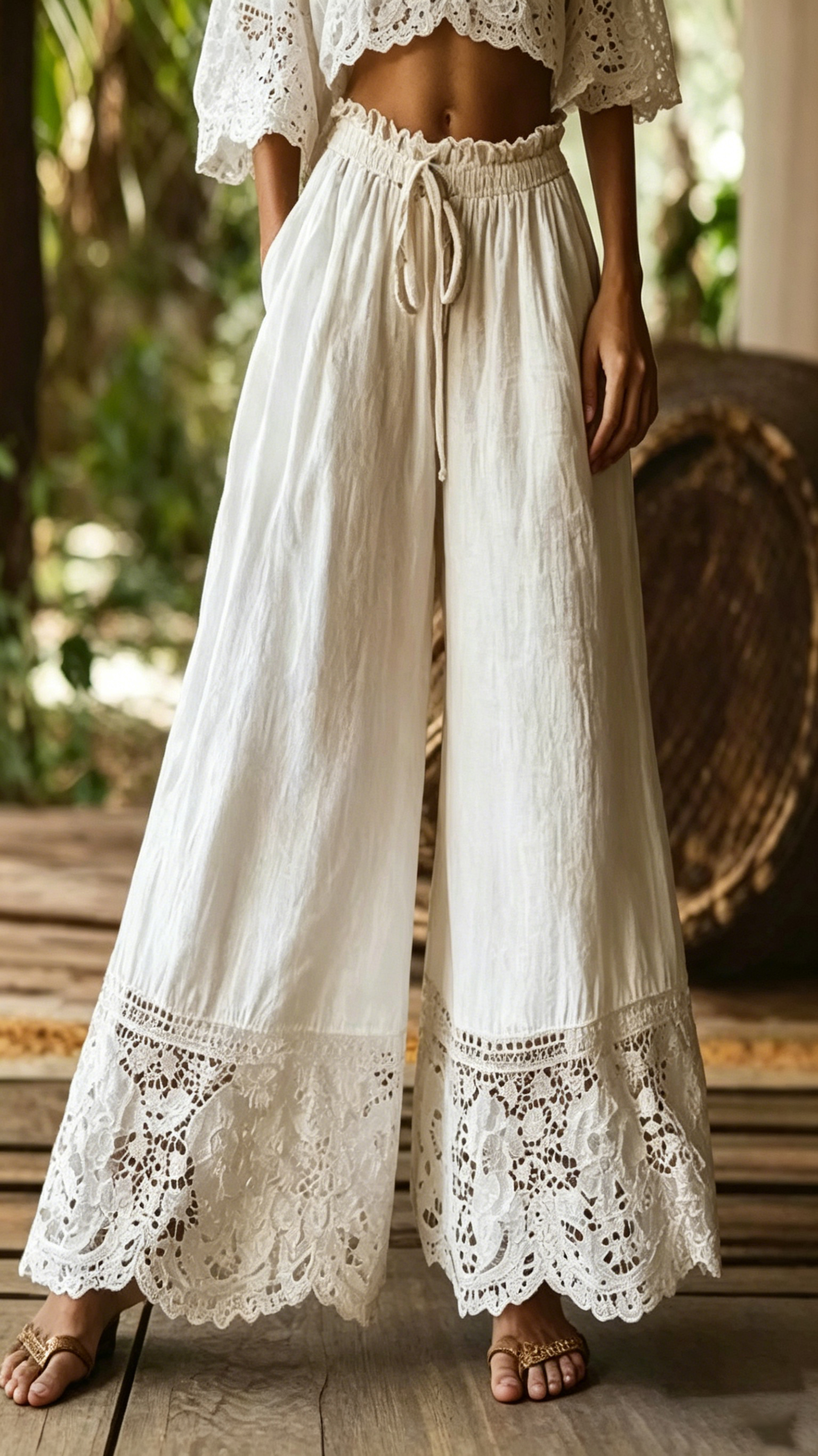 Women's Faux Cotton-Linen Solid-Color Lace-Trimmed Trousers
