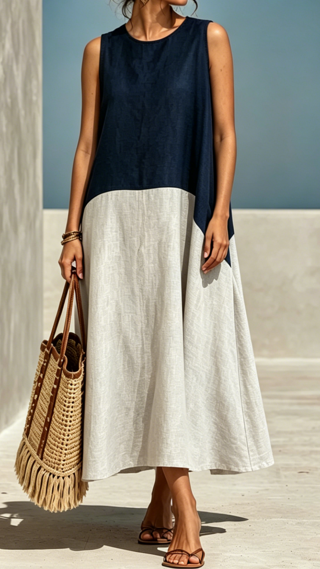 Women's Round-Neck, Color-Block, Loose-Fit, Longline Cotton-Linen A-Line Sundress