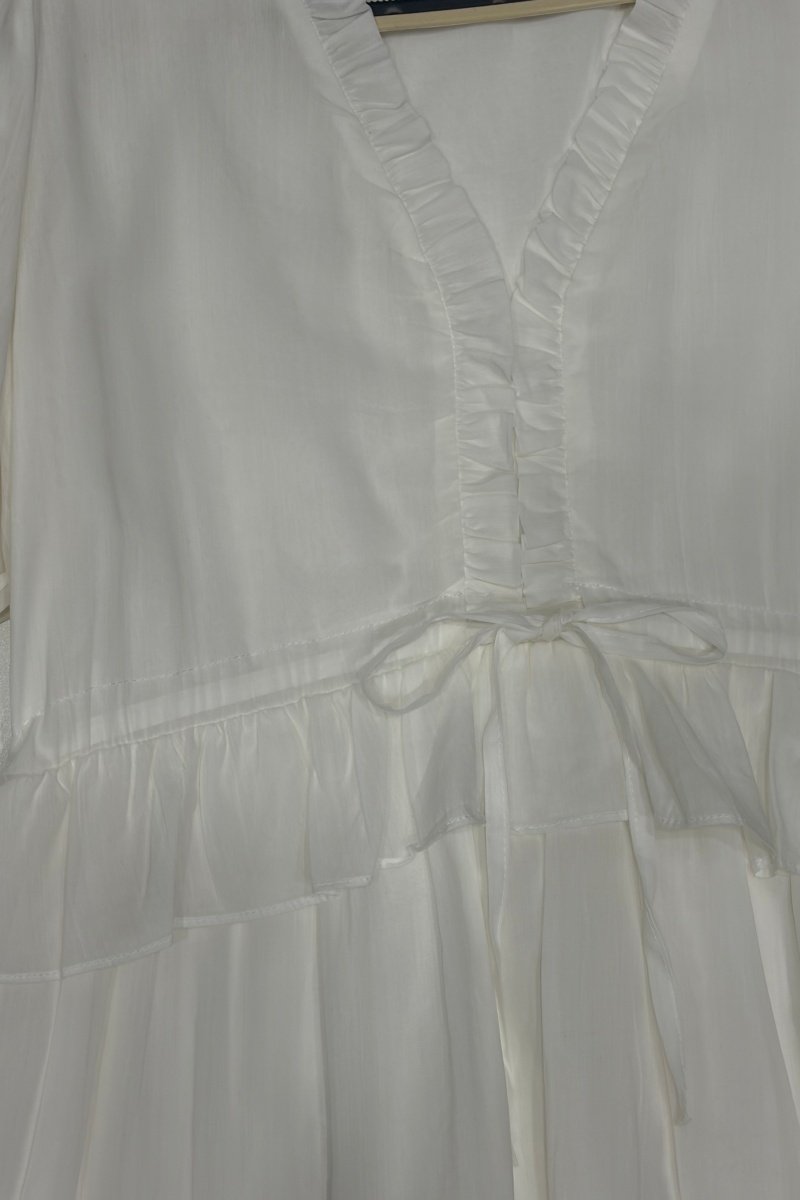 Women's V-Neck Ruffle-Trim Puff-Sleeve Drawstring Dress