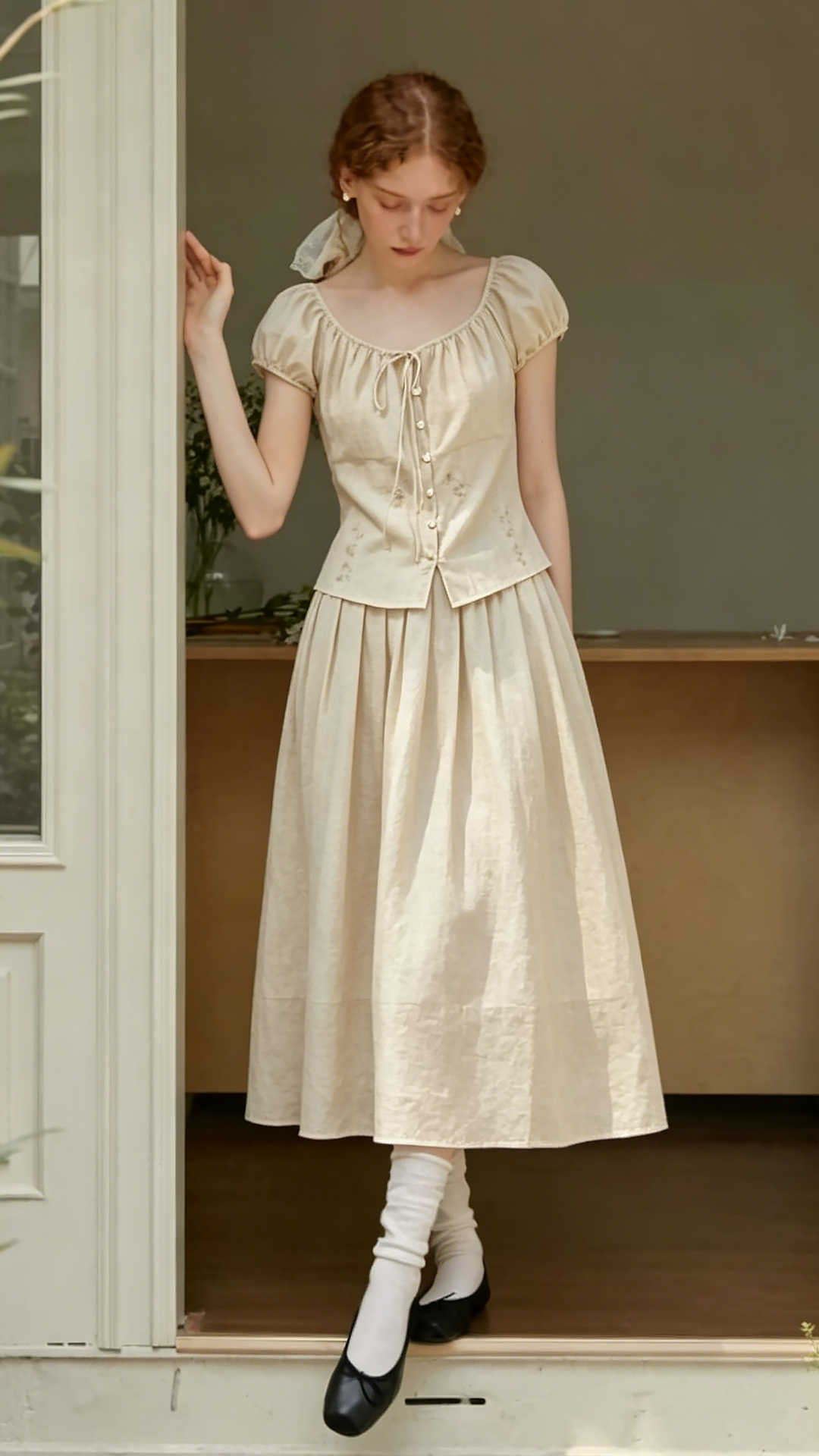 Cool-Touch Tencel Vintage V-Neck Botanical Embroidered Two-Piece Skirt Set