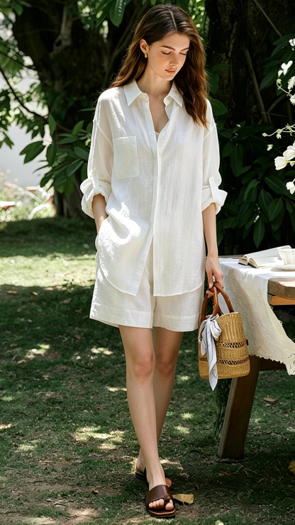 Summer lightweight old-money style linen luxury sun-protective shirt and shorts set
