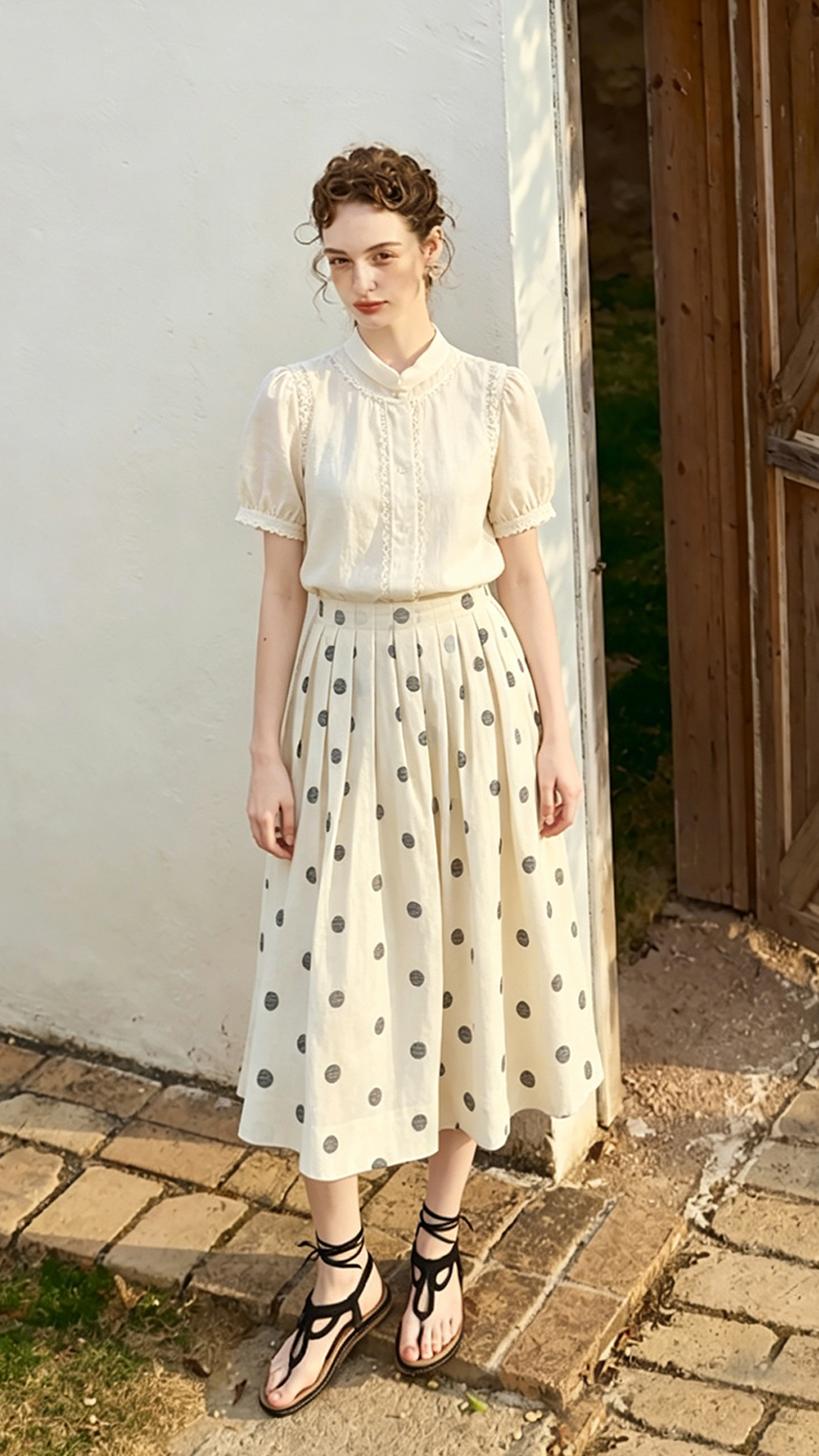 French retro linen polka dot midi skirt for women, summer high-waisted pleated versatile casual A-line swing skirt