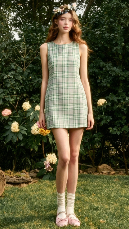 Vintage-tone Scottish plaid sleeveless mini dress, round neck, loose A-line vest dress