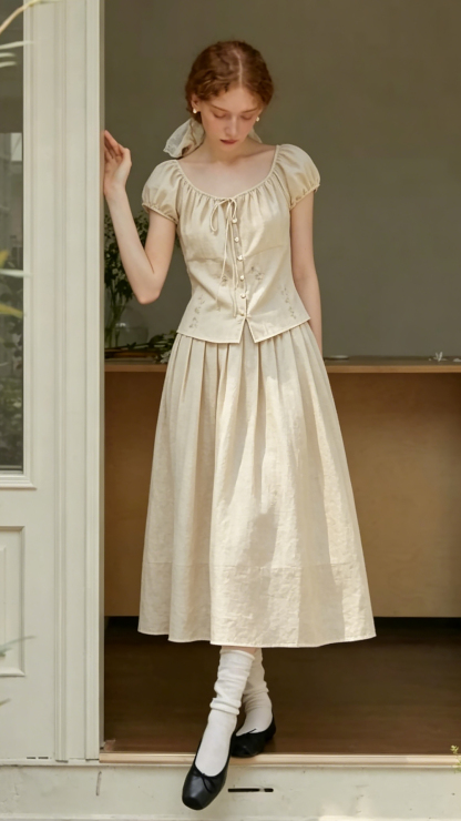Cool-Touch Tencel Vintage V-Neck Botanical Embroidered Two-Piece Skirt Set
