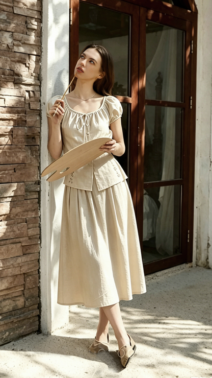 Cool-Touch Tencel Vintage V-Neck Botanical Embroidered Two-Piece Skirt Set