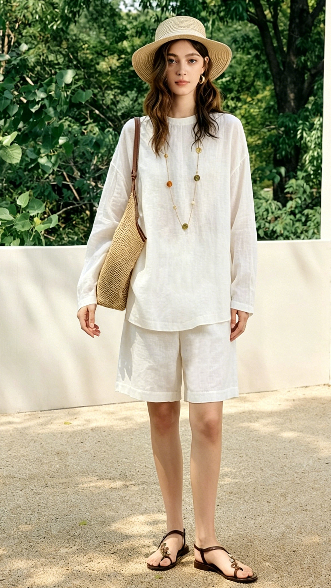 Linen relaxed-fit breathable long sleeve T-shirt set with shorts，casual lounge two-piece set