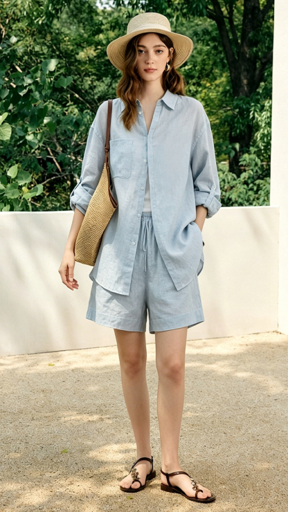 Summer lightweight old-money style linen luxury sun-protective shirt and shorts set