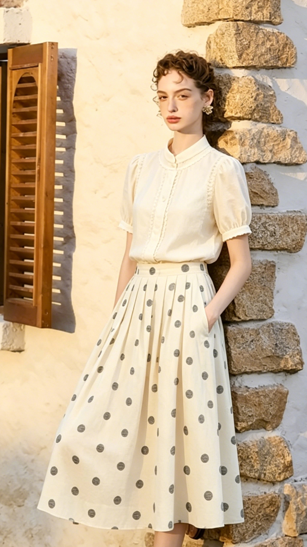 French retro linen polka dot midi skirt for women, summer high-waisted pleated versatile casual A-line swing skirt
