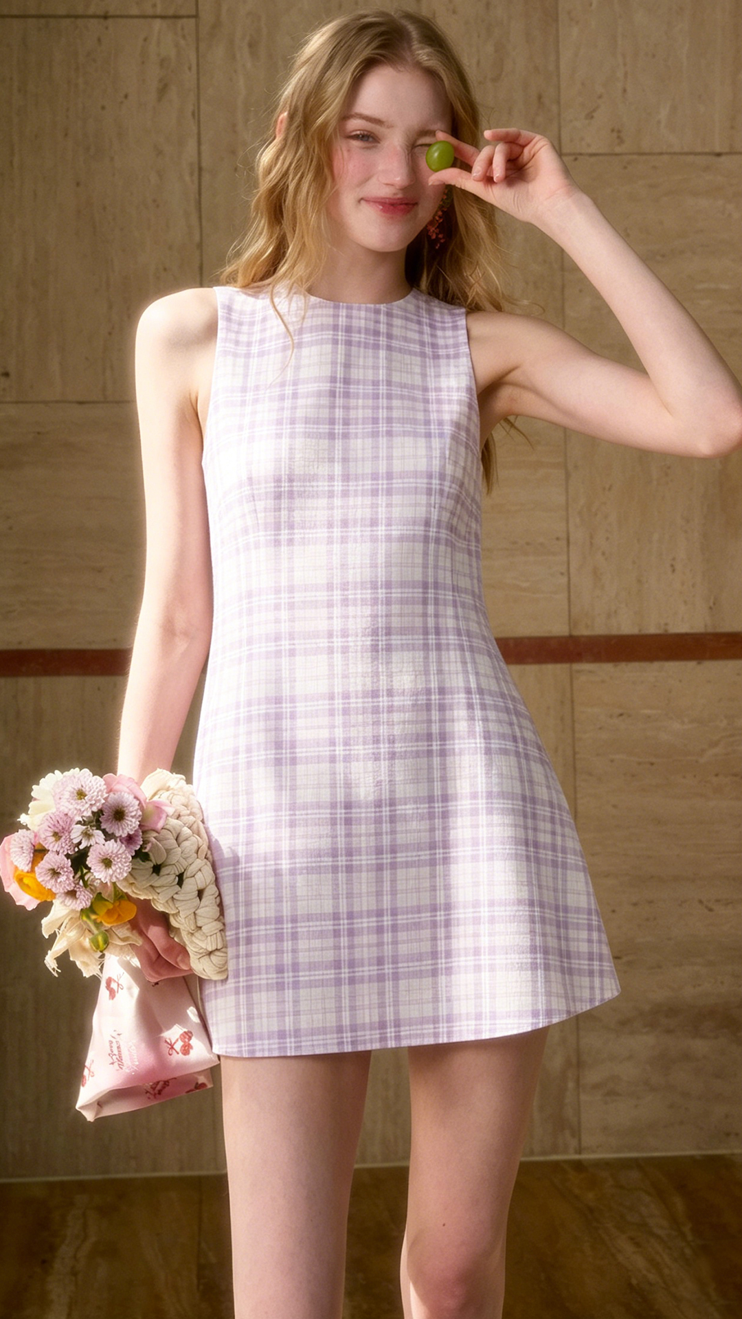Vintage-tone Scottish plaid sleeveless mini dress, round neck, loose A-line vest dress