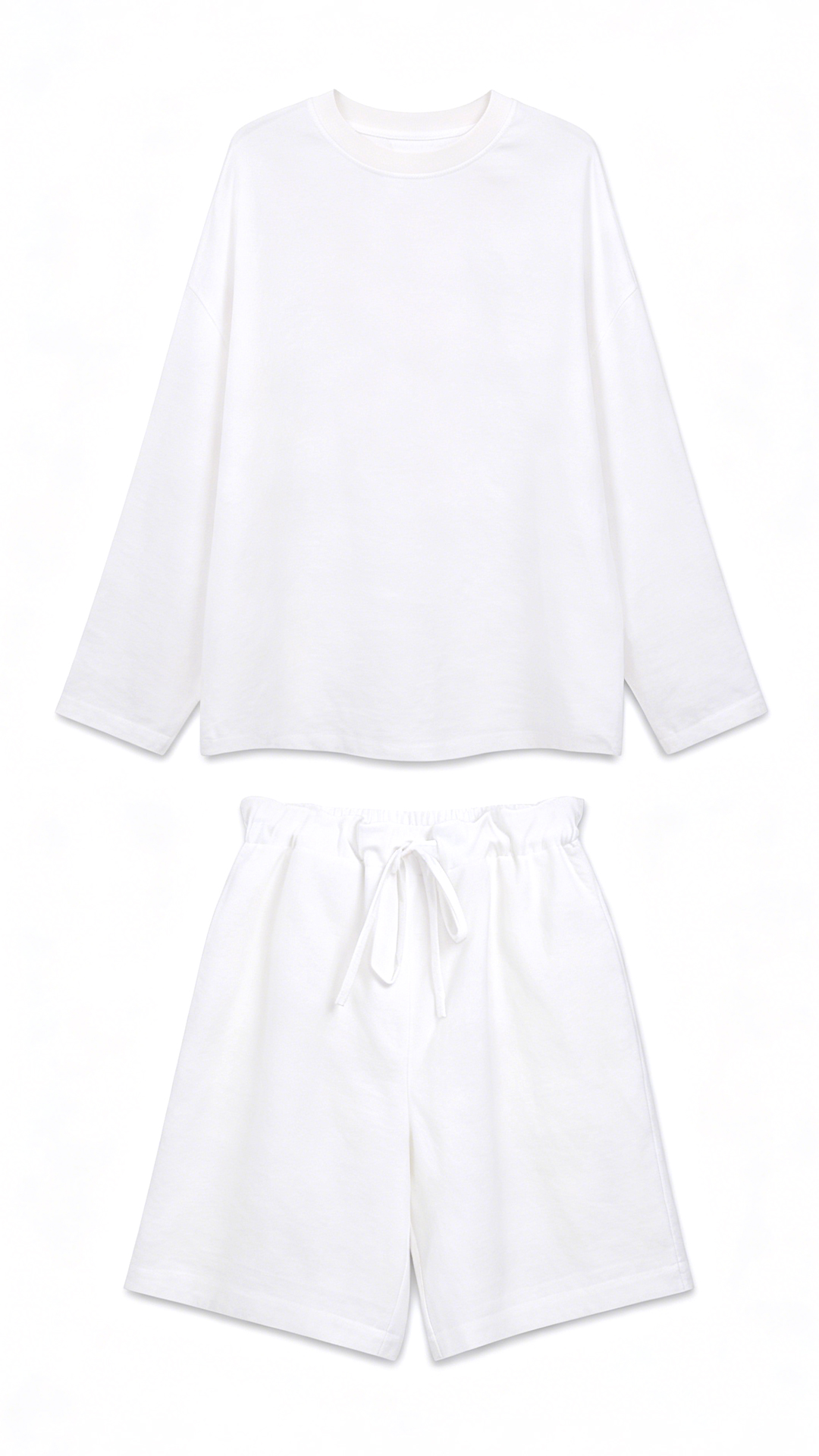 Linen relaxed-fit breathable long sleeve T-shirt set with shorts，casual lounge two-piece set