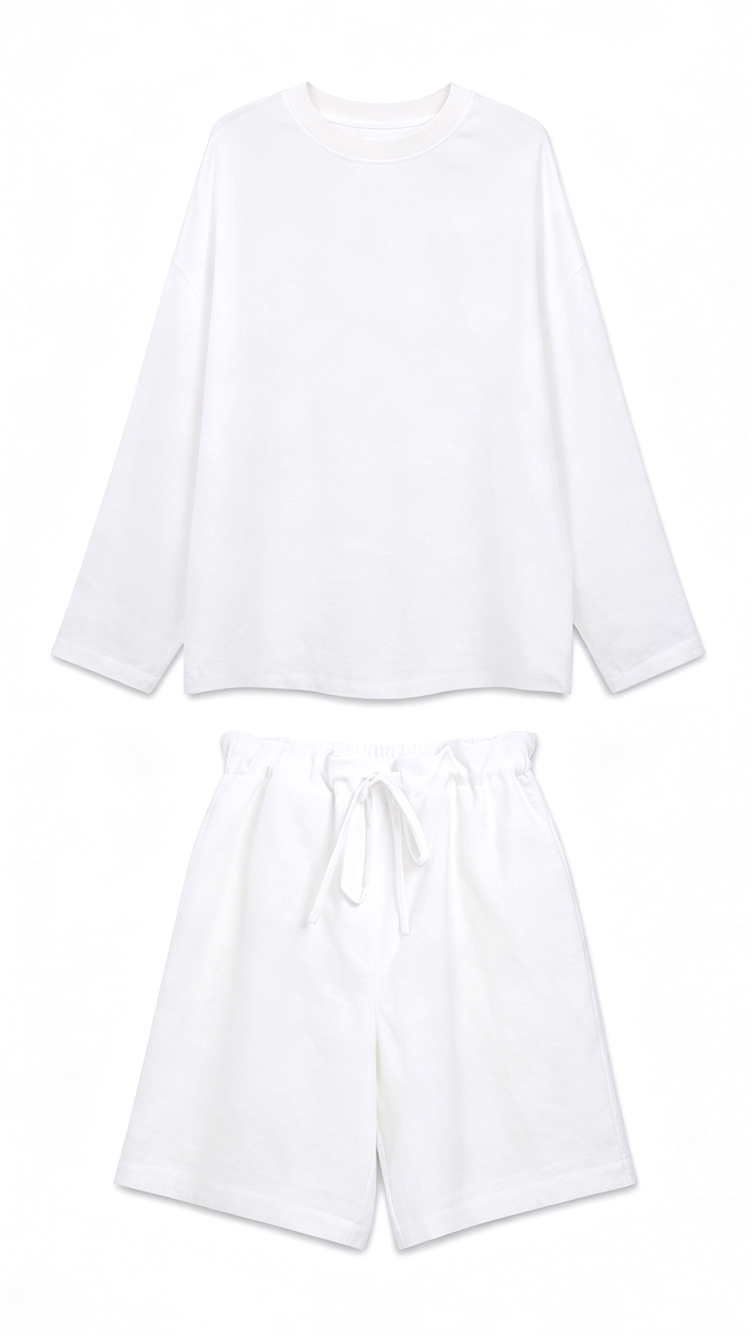 Linen relaxed-fit breathable long sleeve T-shirt set with shorts，casual lounge two-piece set