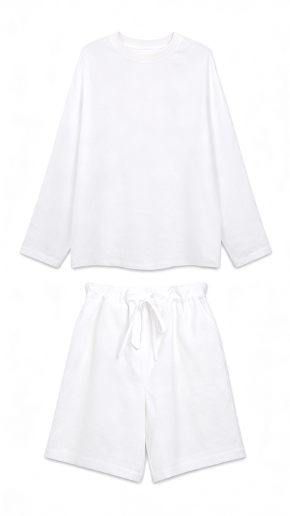 Linen relaxed-fit breathable long sleeve T-shirt set with shorts，casual lounge two-piece set