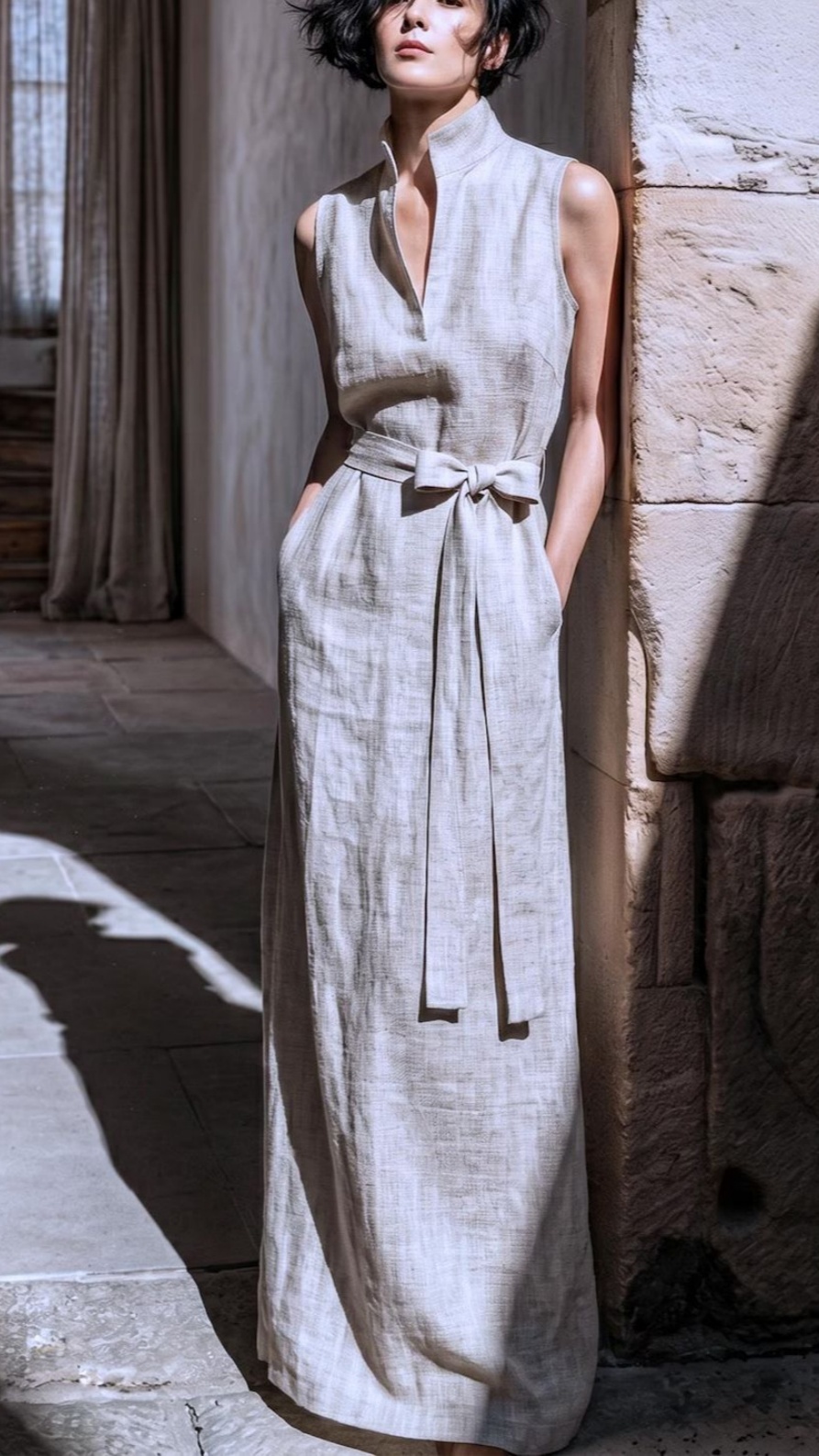 Women's Sleeveless Linen Maxi Dress with Stand Collar, Waist Tie, and Vest-Style Bodice