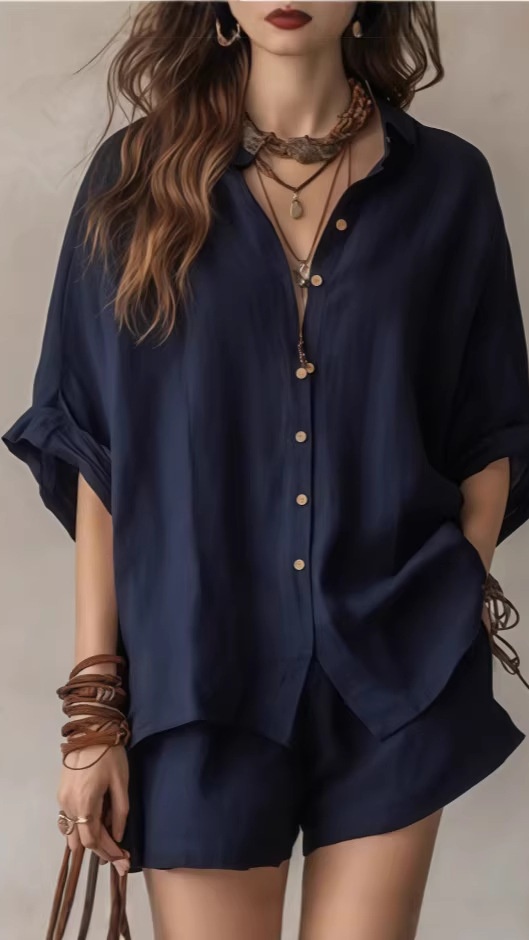 Women's Casual Solid-Color Shirt Two-Piece Set