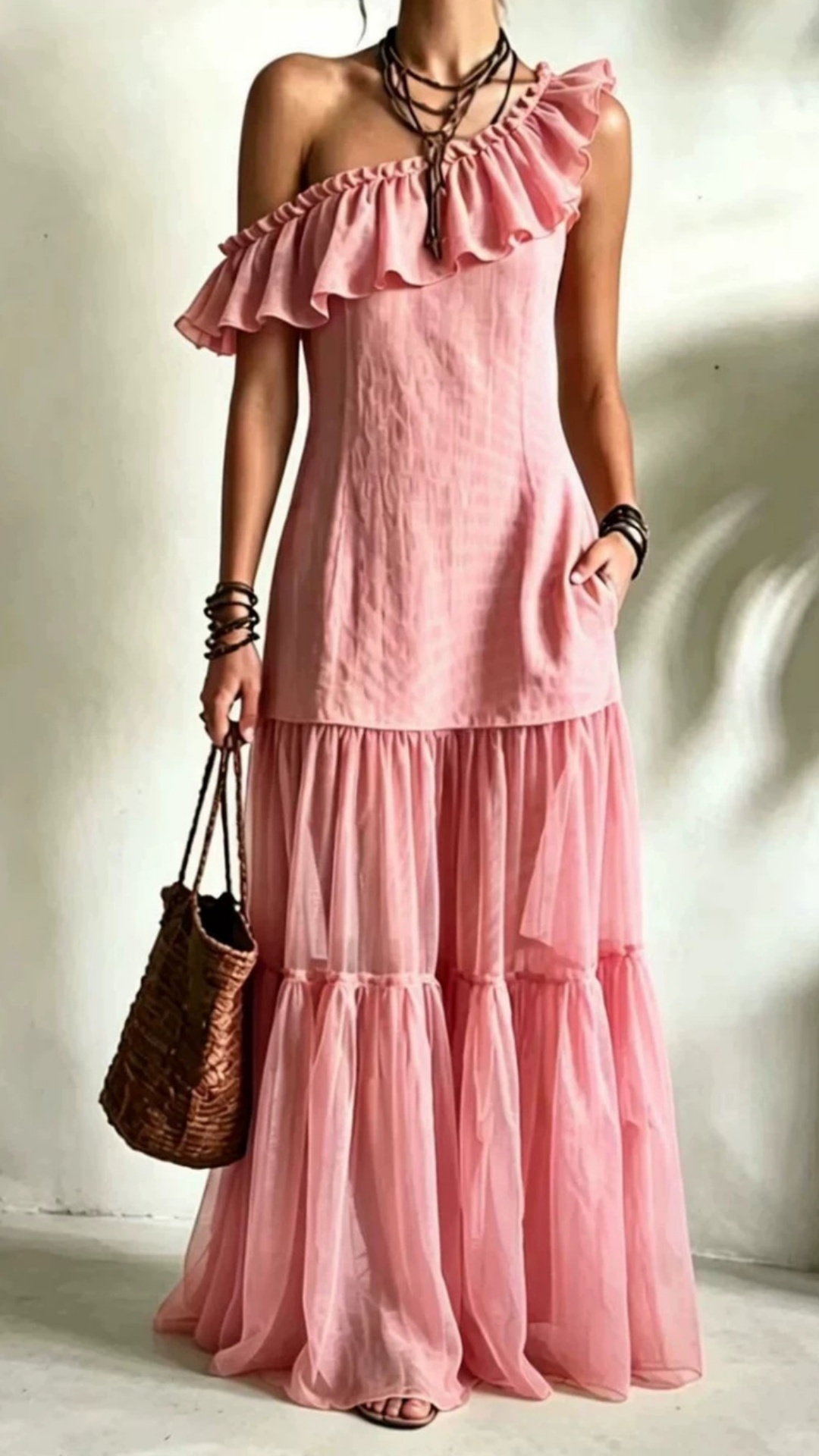 Women's Sleeveless Asymmetrical-Neck Dress with Ruffle Splicing