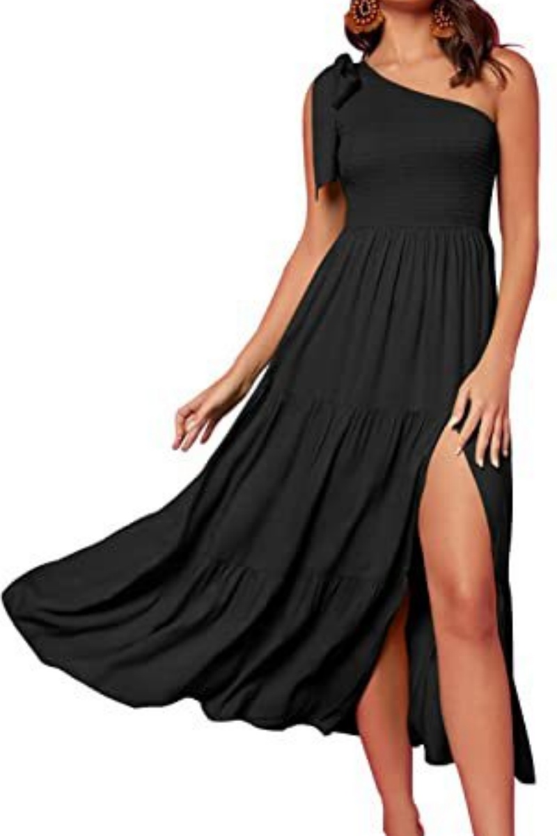 Women's Summer One-Shoulder Sleeveless Dress with Knot Detail, Ruching, and Center Slit